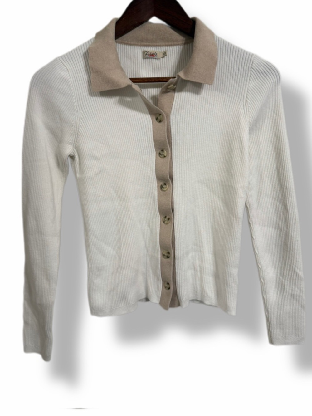 Faherty White Ribbed Cotton Cashmere Polo Cardigan Top Size Small